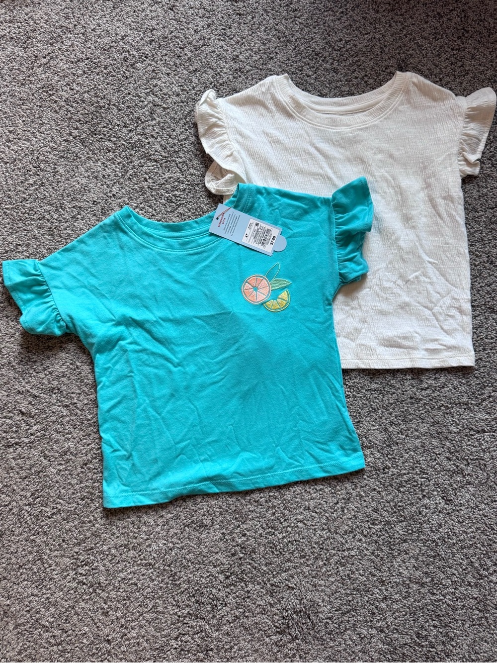 Cat & Jack Girls' Turquoise Ruffle Sleeve Tee with Citrus Embroidery and Cream